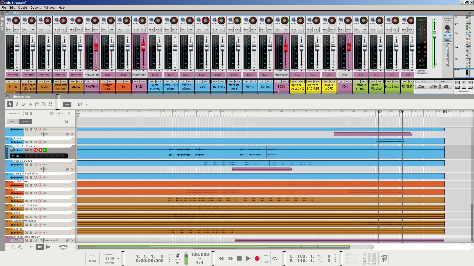 Grouped/bussed and color-coded mixing session